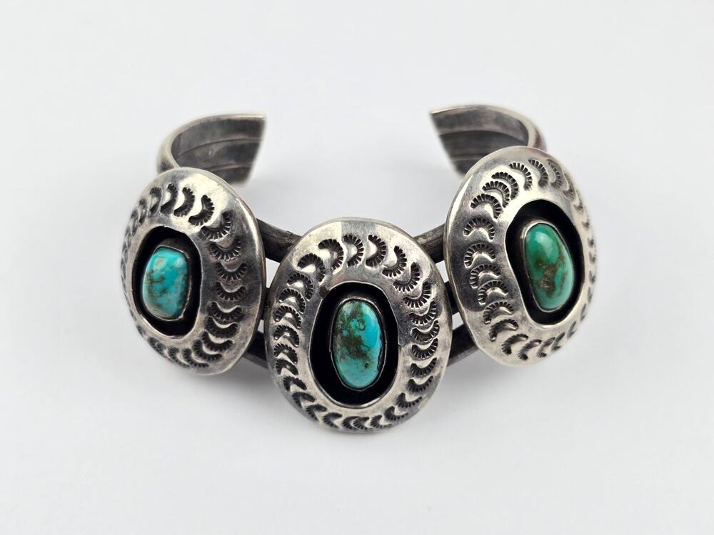 Large Navajo Shadowbox Turquoise sterling silver Cuff bracelet curved crescent - Picture 1 of 13